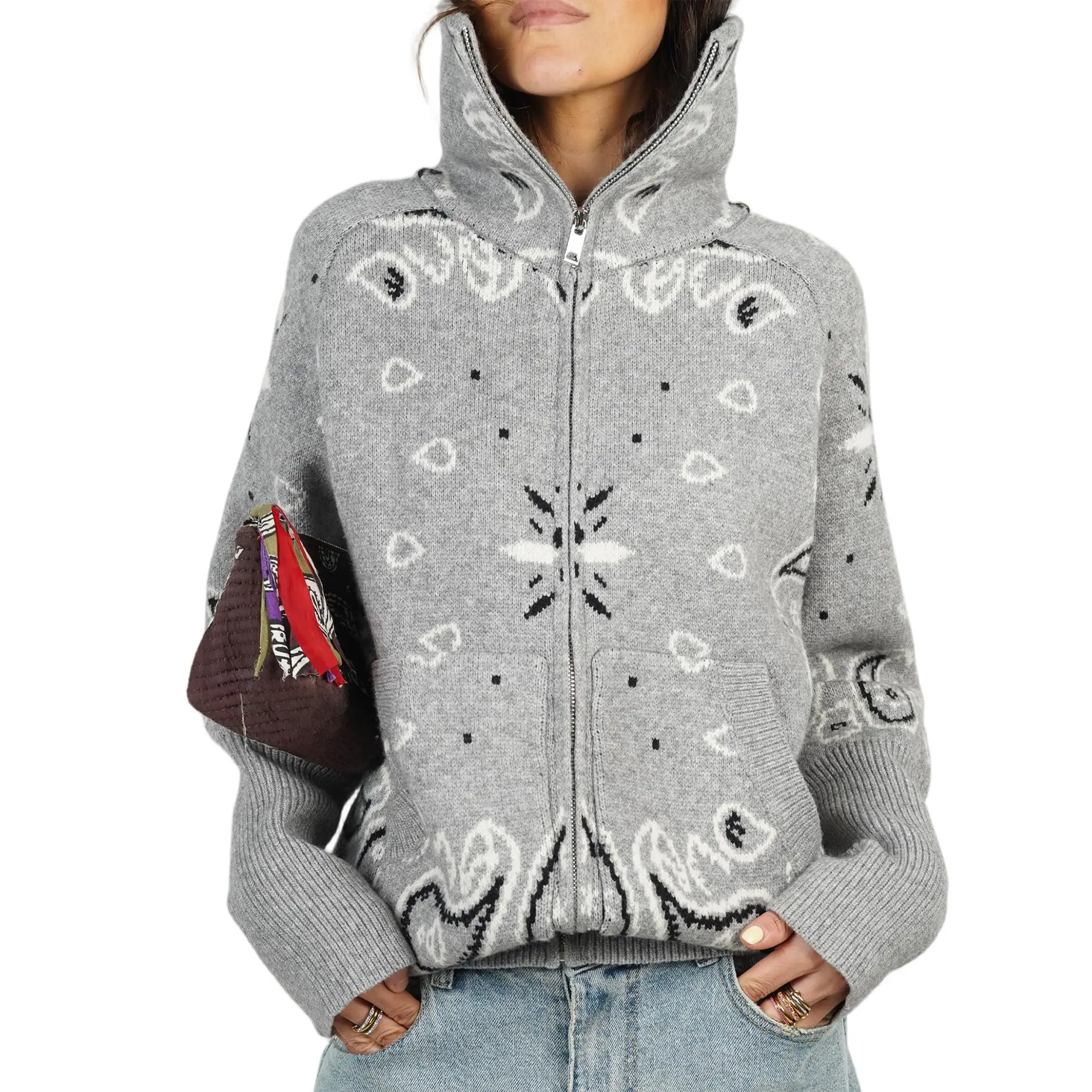 Songling Women's Long Sleeve Collared Zip-Up Cardigan, Everyday Comfortable Patterned Knitwear for Fall