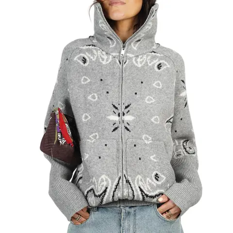 Songling Women's Ribbed Edge Long Sleeve Collared Zip-Up Soft Knit Cardigan, US Sizing, Everyday Comfort Abstract Print Zipper Sweater, Fall Casual Trending Clothes Oversized Knitted Sweater Cardigan