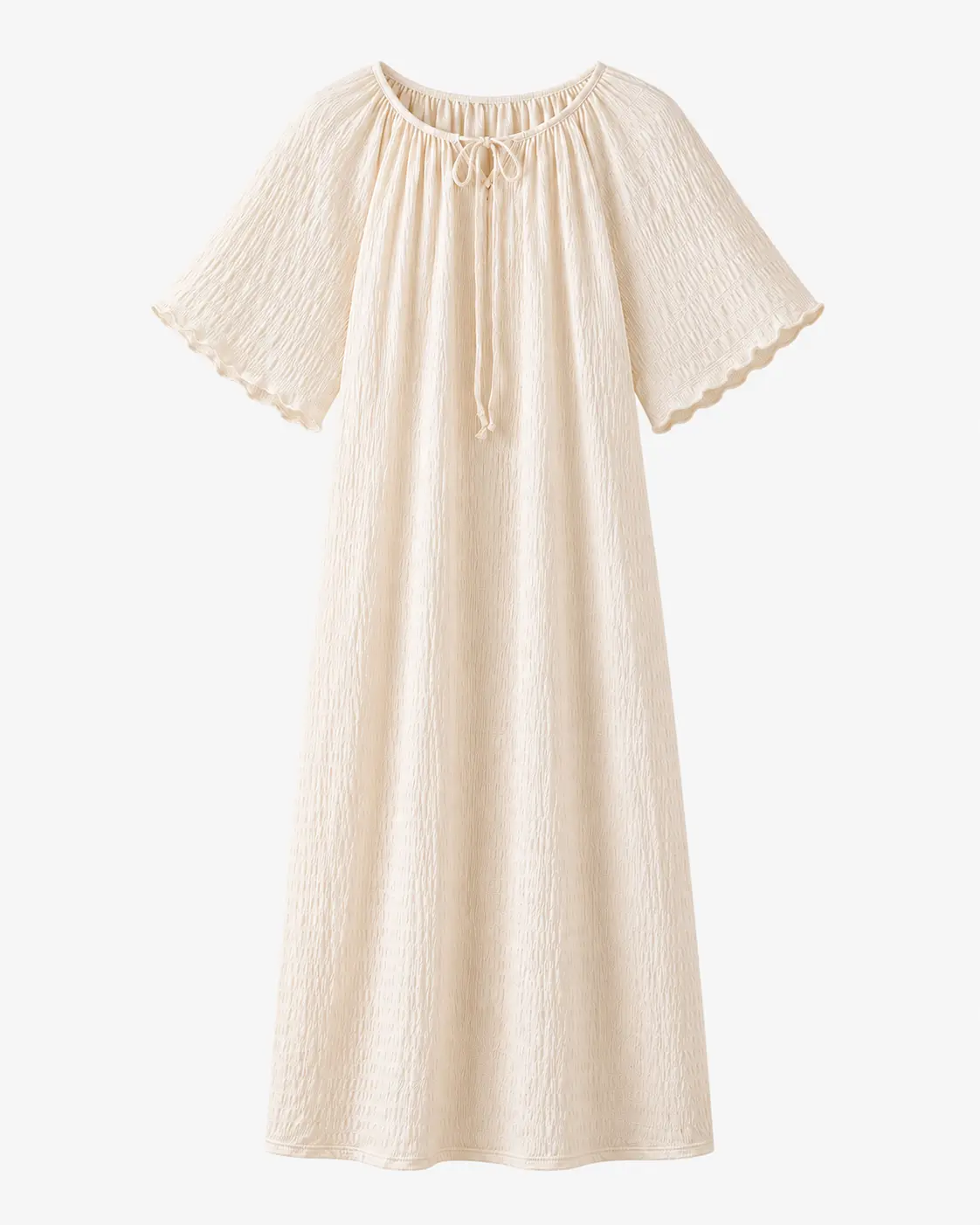 Women's Textured Midi Nightgown Tie-Up Lounge Dress