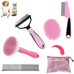 Dog Brush Dog Grooming Kit 5 Pieces Dog Brush for Shedding - Self-Cleaning Brush, Double-side Dematting Rake, Stainless Steel Comb, Flea Comb, Bath Brush - Pink