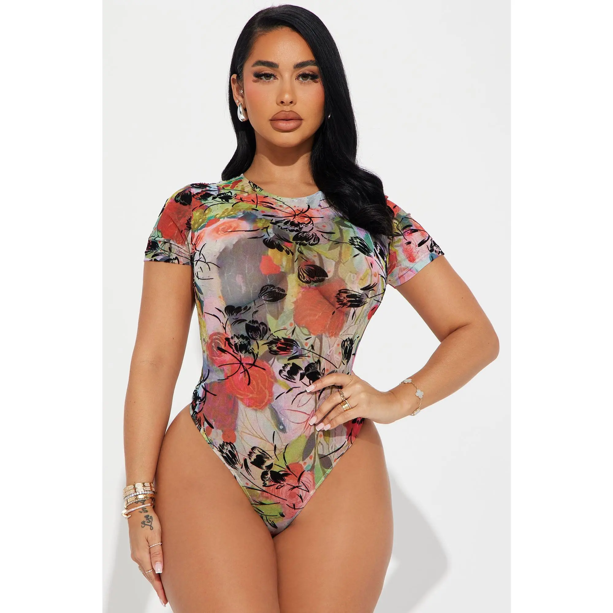 Bouquet Of Flowers Mesh Bodysuit - Pink/combo