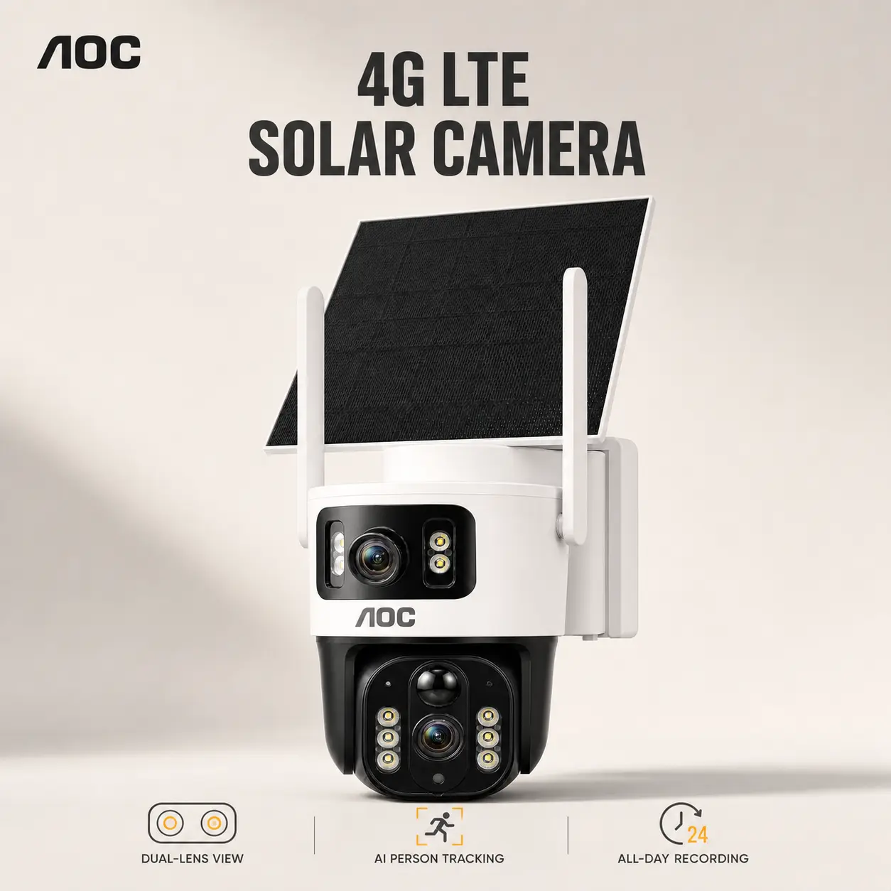 AOC 4G LTE Solar Security Camera for Home, Garage & Outdoor Property, 10400mAh Battery, No WiFi Needed (7-Day Trial, 4G Plan Required), Dual-Lens Dual-View, AI Human Tracking, Color Night Vision, 2-Way Audio, IP65