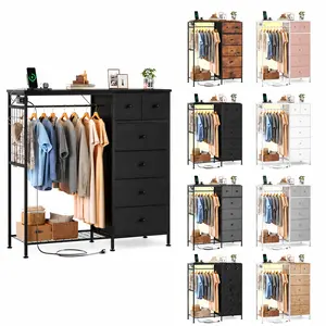 Fabric Storage Locker with Hanging Rack and Charging Station LED Lights Wooden Roof Panel Multi-Shelf Organizer Metal Frame Ideal for Bedroom Dorm Room and Small Space