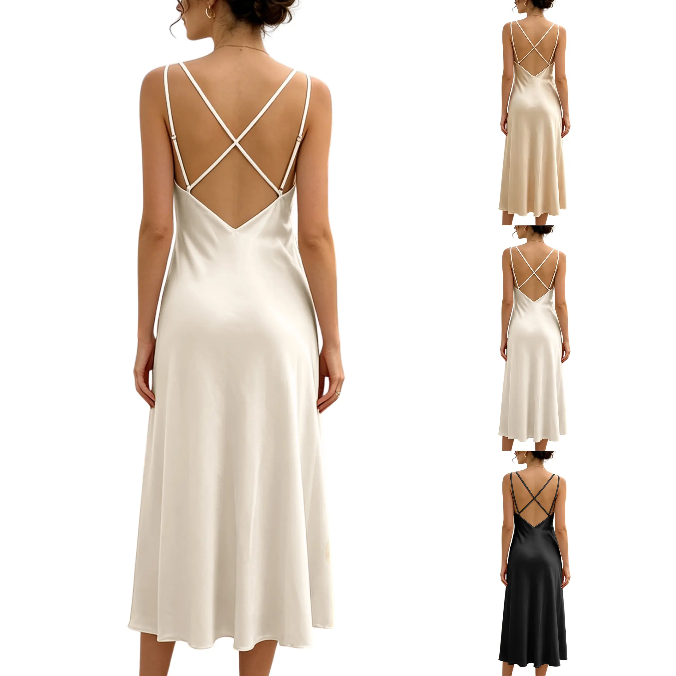 Ommig Women's Satin Slip Midi Dress, V-Neck Crisscross Backless Spaghetti Strap Silky Dress, Elegant Sleeveless A-Line Flowy Dress for Wedding Guest, Bridesmaid, Party, Casual Summer