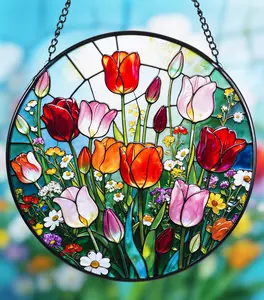 Ivydale Stained Glass Window Hanging, Colorful Tulips Suncatcher 7.8 in Sun Catcher Glass Panel Boho Wall Art Decor with Chain Diamond Glass Panel Hangings Scenery Sun Catchers Decor for Lover Couple Mom