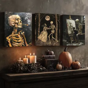 3 Counts Wooden Framed Canvas, Halloween Skeleton Figures, Skeleton Design, Halloween Home Poster, Halloween Party Decorations, Home Hanging Paintings, Horror Theme, Interesting Posters, High-Definition Art, Wooden Wall Art, Spooky