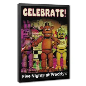 Five Nights at Freddy's "Celebrate!" Canvas Art Print, FNAF Freddy Bonnie Chica Retro Poster, Game Room Wall Decor for Fans  Minimalist Aesthetic Canvas Art Print, Neutral Tone Abstract Wall Decor for Living Room Bathroom Bedroom Home