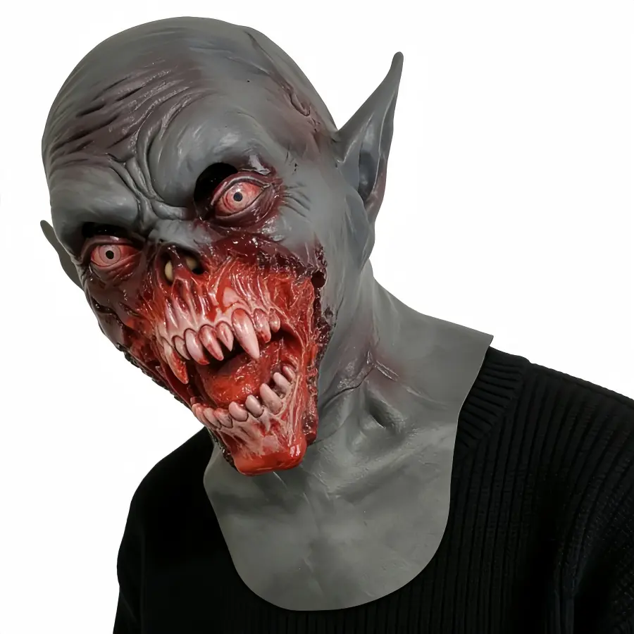 Grey skin pointed ear bloodied creature latex full head and neck mask, creepy fanged monster headgear for TikTok dark vampire horror skits and haunted house jump scares, comfortable Halloween haunted house cosplay prop, suitable for photo shoots and gifti