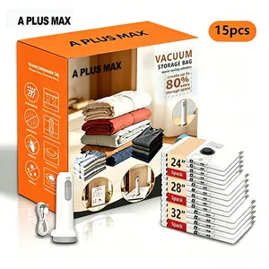 Cordless Travel Vacuum Storage Compression Bag Set – 15-Pack in 3 Sizes – USB Rechargeable Handheld Pump with Built-In Battery – Waterproof & Reusable Space Saver for Clothes & Packing, Perfect for Carry-On Suitcases