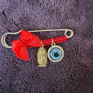 Pregnancy protection pin with the Virgin of Guadalupe and blue evil eye