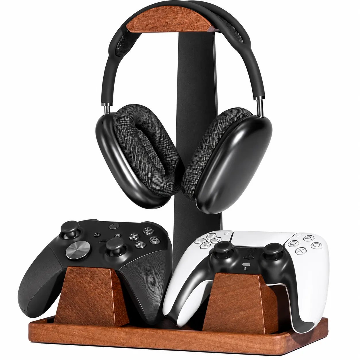 Caspe Gaming Headset Stand with 2 Controller Holders, Solid Wood Headphone Holder with Storage Tray for PS5, Xbox & Switch