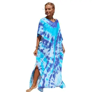 Plus Size Mumu Dresses for Women - Boho Batwing Sleeve Caftan with Side Slits, Long Moo Moo Nightgown & Beach Cover Up - light blue