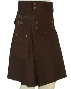 Men's Scottish Utility Kilt Cotton Cargo Pockets Skirt Highlander kilt Traditional Menswear Choclate Brown