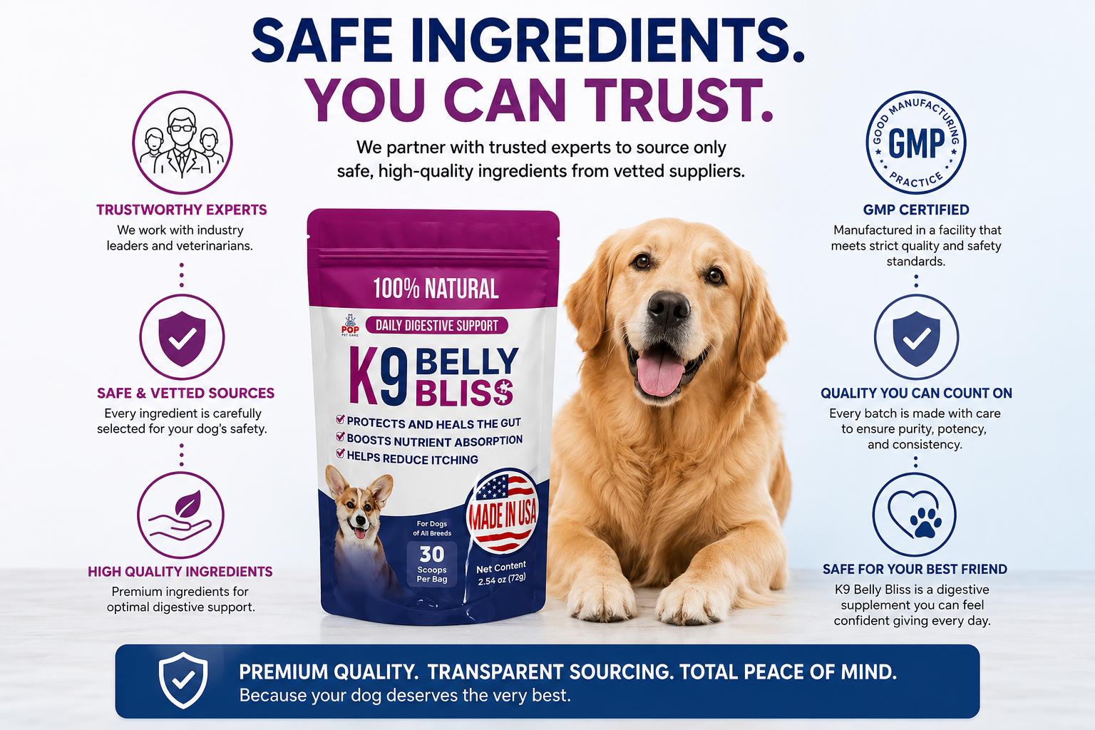 Pup Labs K9 Belly Bliss 3-Pronged Defense Dog Digestive Support with L-Glutamine N-Acetyl D Glucosamine & Prebiotics for Gut Health