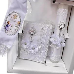 First Communion Candle Set with 8”Candle, Rosary, New Testament & Decorative Elements in Box for Boys and Girls English & Spanish Ivory