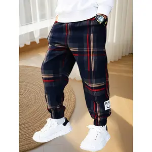 Boys' and Girls' Spring/Autumn -Lined Plaid Pants, Casual Cuffed Sweatpants with Real Pockets, Outerwear for Middle and Older Girls, Cool Kids' Long Pants, Available for Ages 4-14, Recommended to Choose One Size Up, Perfect for Outdoor