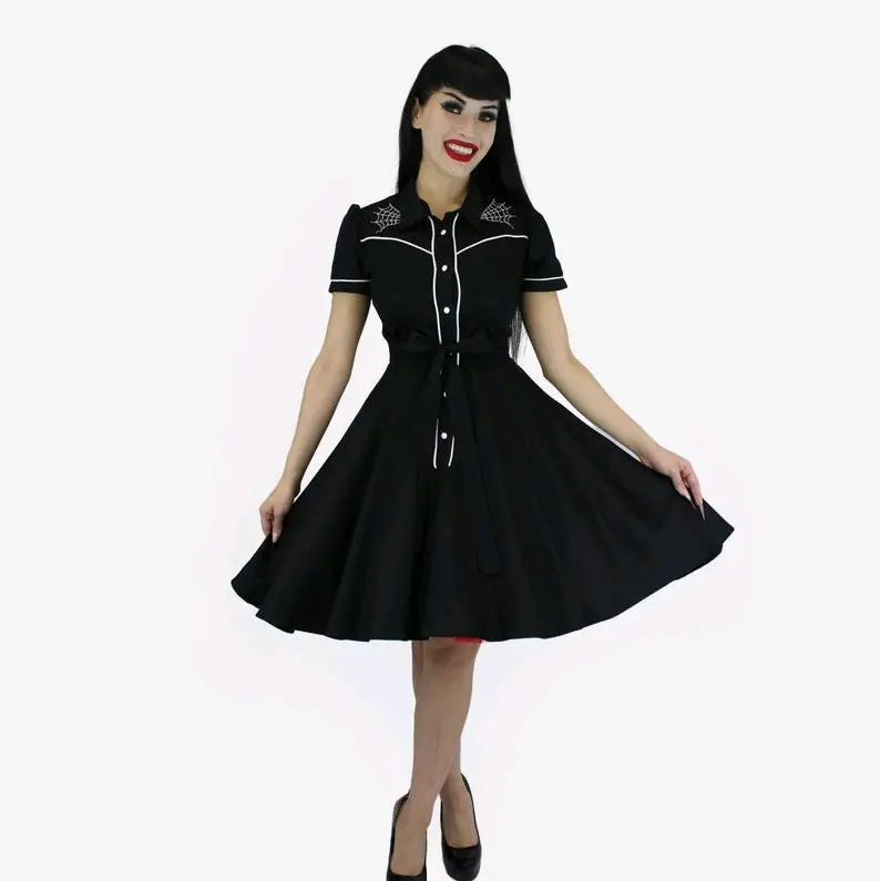 Black Dress with Spiderweb Embroidery Vintage Rockabilly Western Country Women Dress XS-3XL