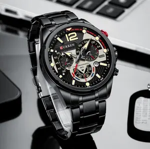 Curren Chronograph Stylish Stainless-Steel Watch For Men 23cm Band 24mm Width 14mm Case 47mm Dial Round Case Quartz Movement Chronograph Auto Date Luminous