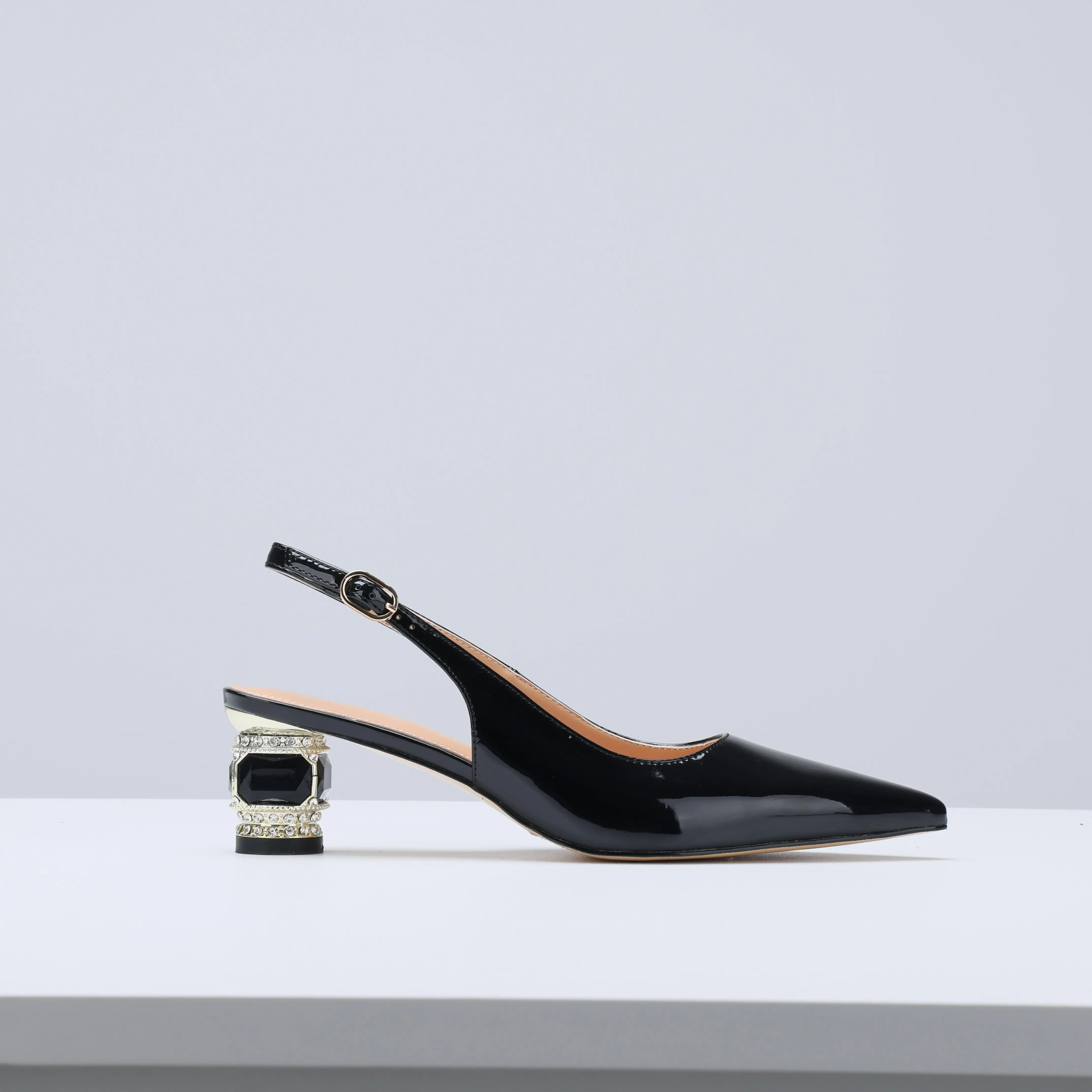 Custom Made EROCALLI Women Slingback Pumps Crystal Block Heels with Rhinestones Pointed Toe Elegant Black Patent Leather Buckle Strap Party Wedding Dress Shoes
