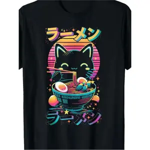 Men'S Vintage Anime Cat Ramen Graphic Oversize T-shirt |   100 220gsm, Short Sleeve, Crew Neck, Black, Colorful Retro Japanese Design, Playful Print, Casual All Season, Machine Washable, Regular Fit, Comfortable Streetwear Knitted Fabric Shirt