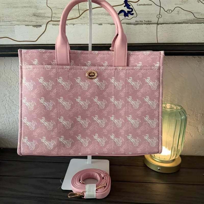 New Women's Jacquard Canvas Square Tote Bag with Pink Faux Leather Top Handles, Front Turn-Lock Pocket, and Detachable Shoulder Strap