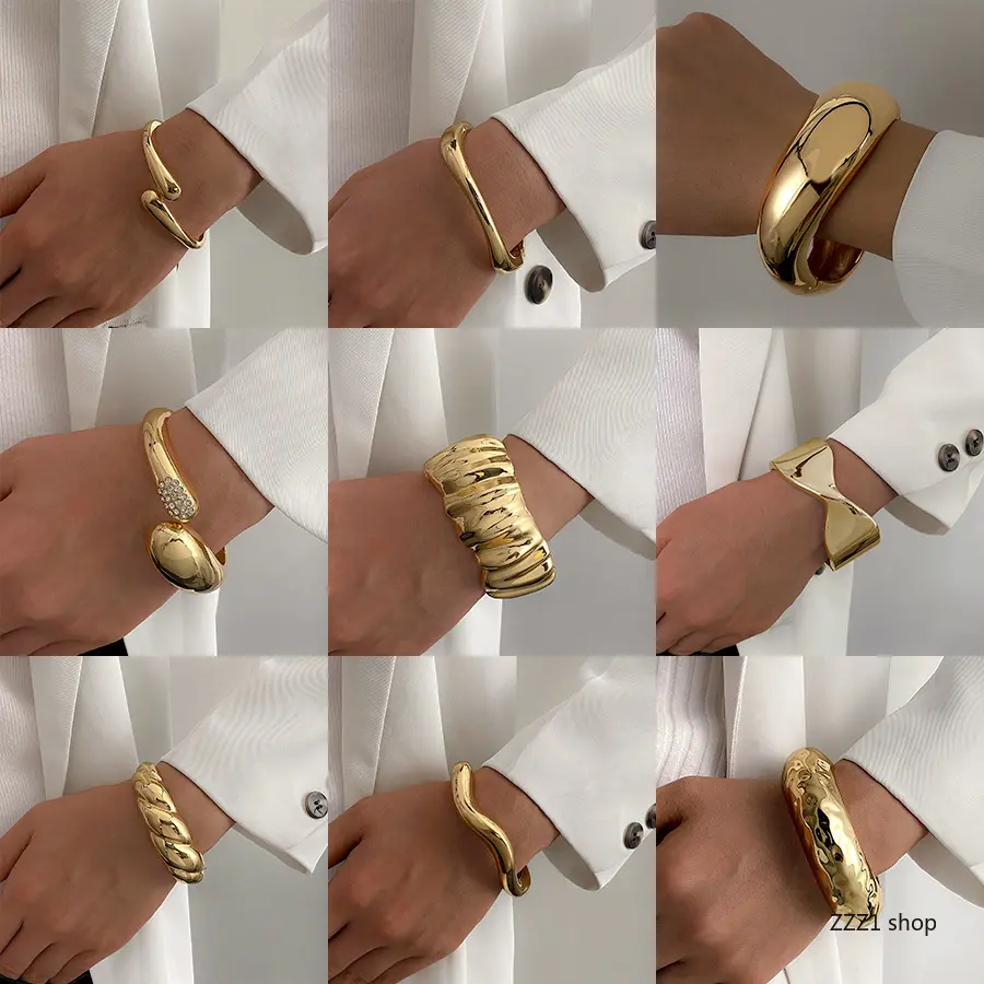Women's Minimalist Chunky Gold Exquisite Bangle - Wide Open Sports Wristband with Aesthetic Liquid Wave Hammered Textured Crinkled Crystal Metal, Multi-Style Pack Jewelry Gift for Sports Use, Bracelet, Gold Bracelet Stack, Sporty