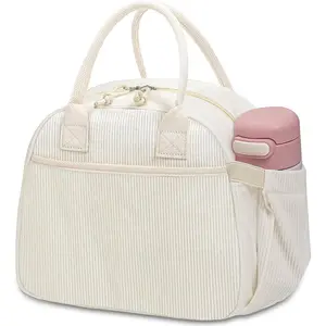 Women's Insulated Lunch Bag - Cute Corduroy Reusable Tote Lunchbox for Work, Picnic, Travel - Beige Corduroy