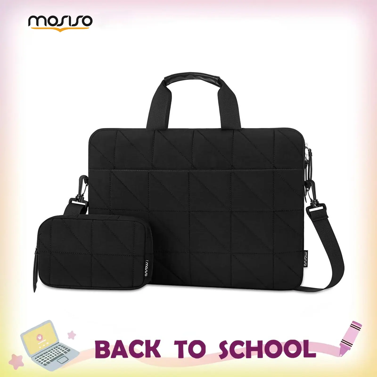 MOSISO Chic Quilted Polyester Protection Cover Laptop Shoulder Bag - 16-Inch Men's Messenger Bag, 360° Protection, Detachable Pouch, Luggage Strap for Work, School, Travel, Messenger Bag School