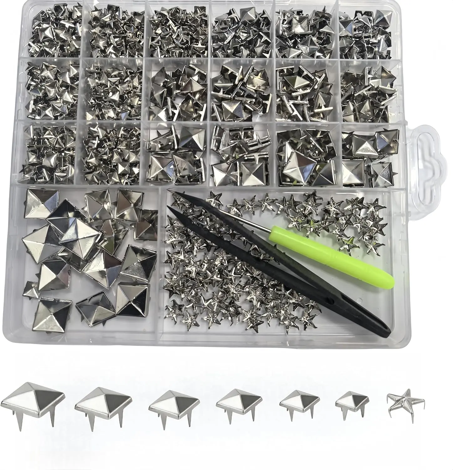 820-Pcs 4-Jaw Design Square Pyramid & Star Studs Kit - Punk Rivets, Spikes for Leathercraft, DIY Projects, DIY Craft Decoration Sewing Haberdashery Snaps