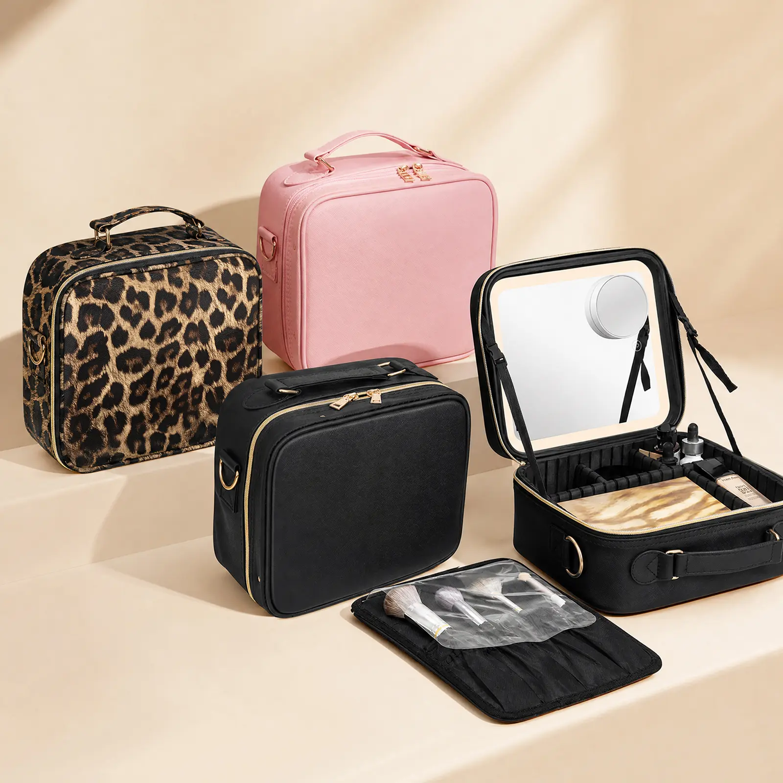 Umitec PU Leather Makeup Bag with 3-Color LED Mirror, Adjustable Dividers & Strap, Portable Travel Beauty Bag Organizer for Wedding-Business Use, Chain-Accented Functional Cosmetic Storage Case