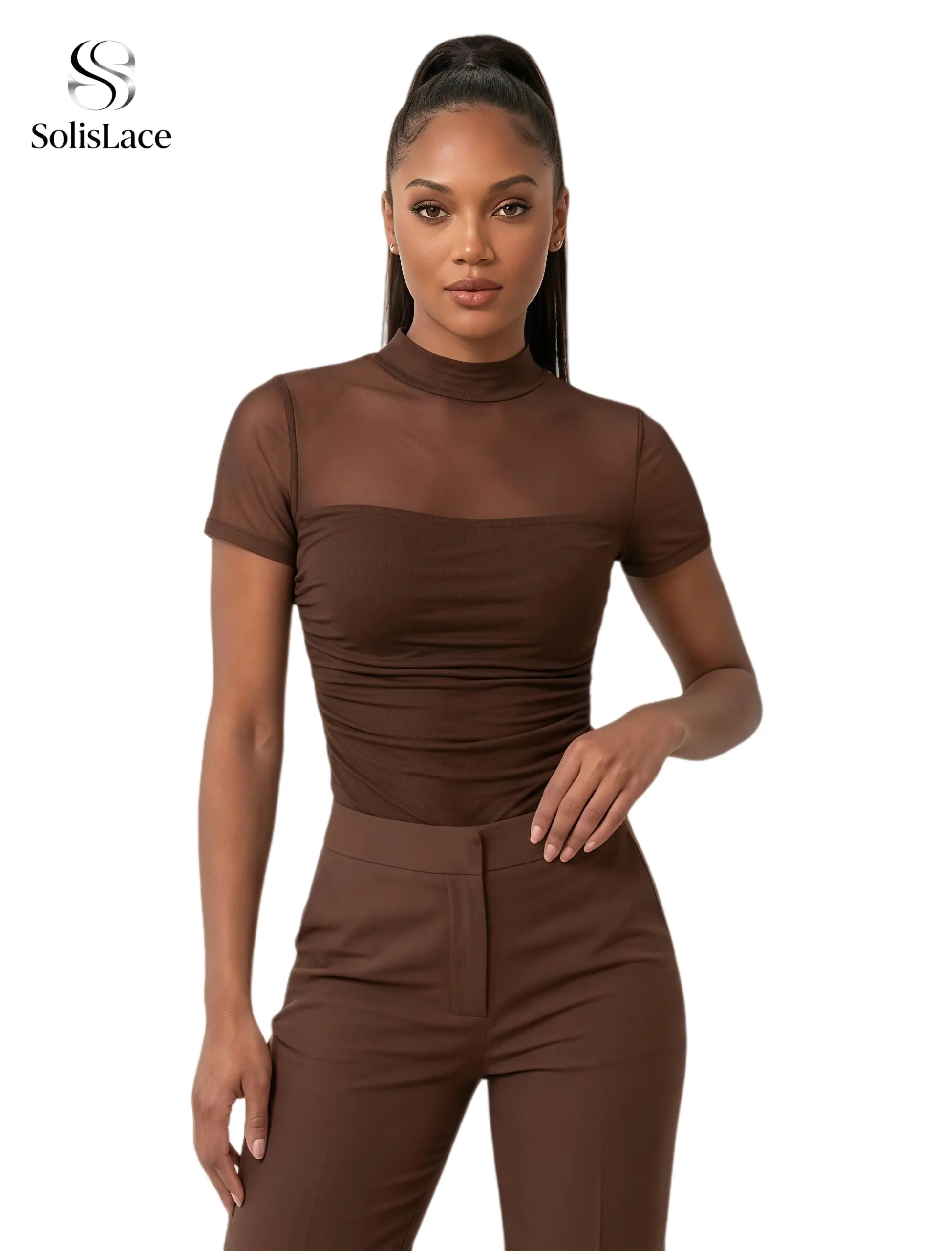 SolisLace Women's Short-Sleeve Slim-Fitting T-Shirt - Mock Neck, Breathable Lightweight Fabric, Mesh Paneling, All Seasons, Machine Washable - Ideal for Outings, Date Nights