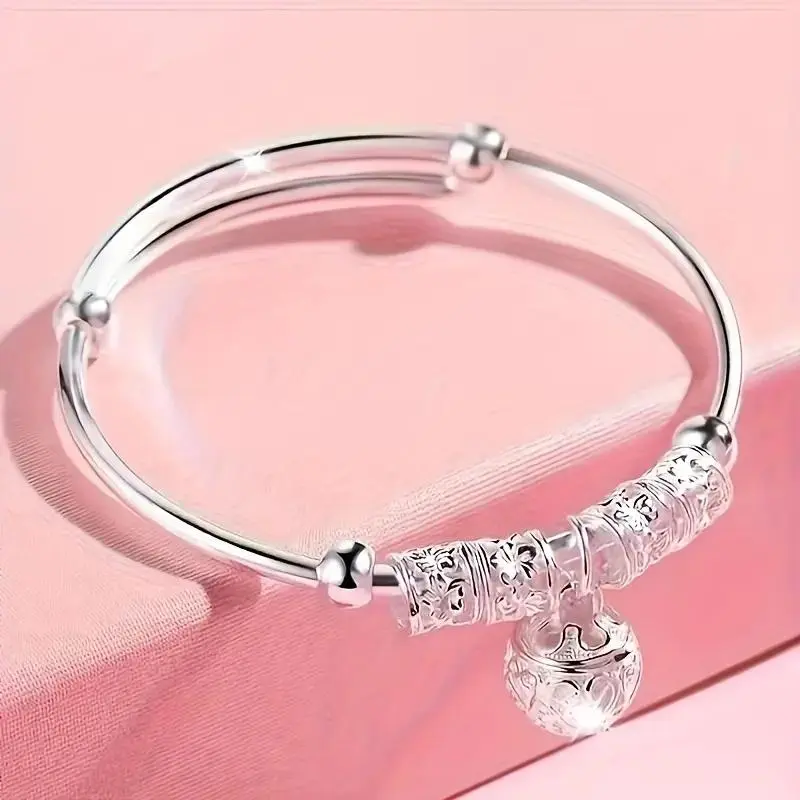 Fidget Bracelet for Women, 925 Sterling Silver Calming Bracelet with Movable Beads & Bell Charm