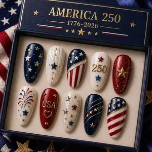 Patriotic Press On Nails America 250, 4th of July Nails Set, USA Firework Nails Red White Blue, Independence Day Press On Nails, Nail Art Kit Nail Box