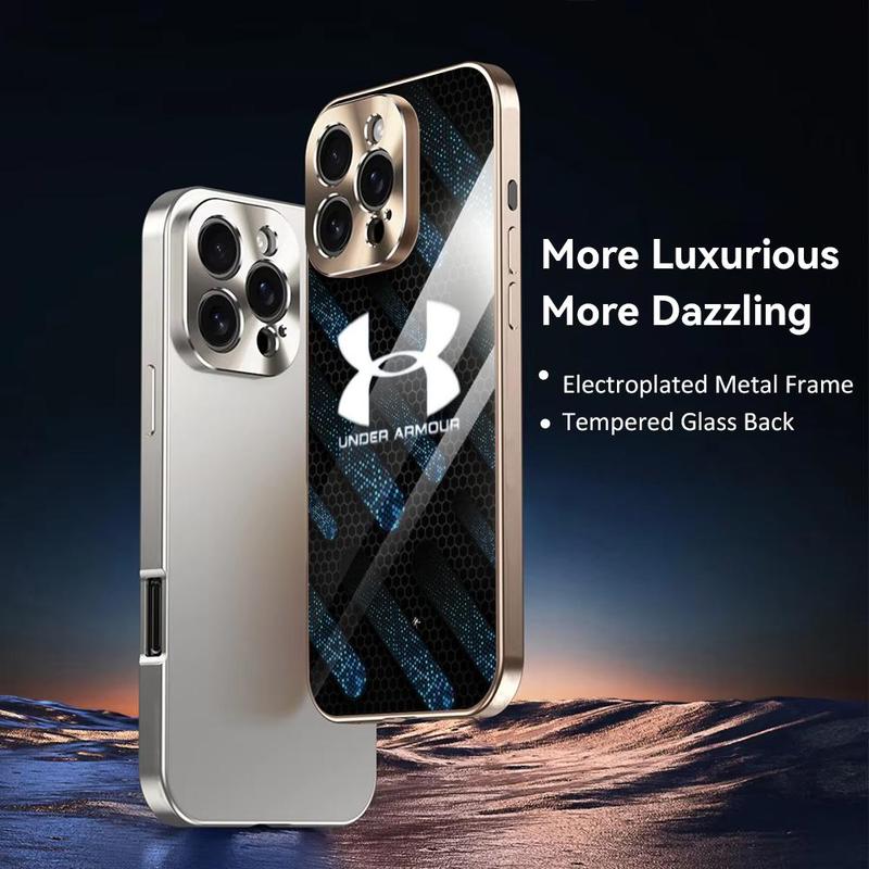 PIKPAKA fashion Under Armour Phone Case For iPhone 17 16 15 14 13 12 Pro Max Plus Electroplated Metal Bumper Case Slim Tempered Glass Back Advanced Materials Shockproof Anti-Scratch Luxury Case Fashion Durable Stylish