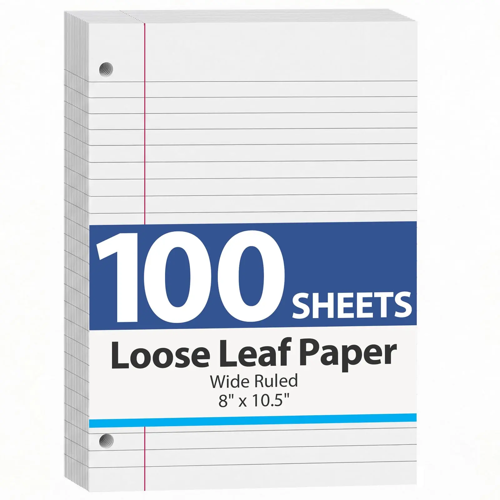 Loose Leaf Paper Wide Ruled, 100 Sheets 8"x10.5" 3-Hole Punch, White