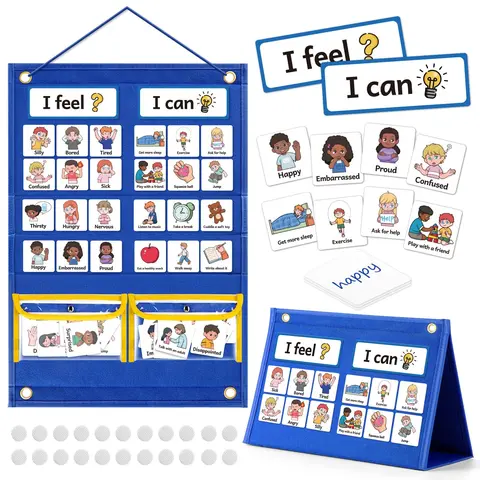 Torlam Unisex Felt Feelings & Emotions Learning Chart Activity Board - Stress Relief Toy, Social Emotional Learning Tool, Behavior Management Aid, 24 Activity Ideas, Classroom Supplies, Sticker-Equipped Flashcard Set for Emotional Skills Calm Down Corner