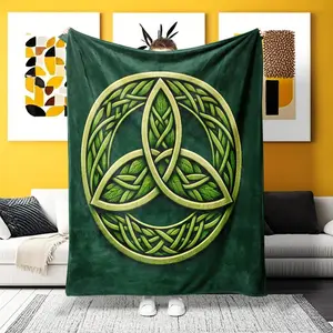 A Celtic Trinity Knot Flannel Blanket - Ultra-Soft Warm Throw, Ideal for Naps, Relaxation & Camping. Intricate green knot & leaf design, lightweight cozy for Irish culture lovers, all-season use.