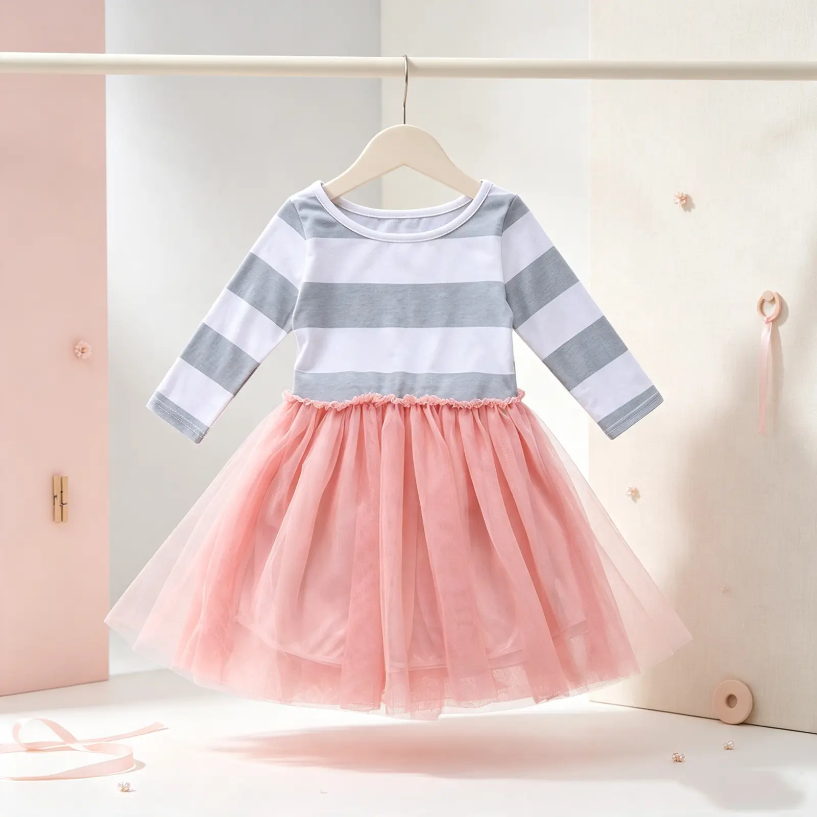 Little Girls Spring TuTu Dress, Long Sleeve Striped Waist Ruffle Round Neck Dress, Loose Mesh Multi-Layer Princess Dress