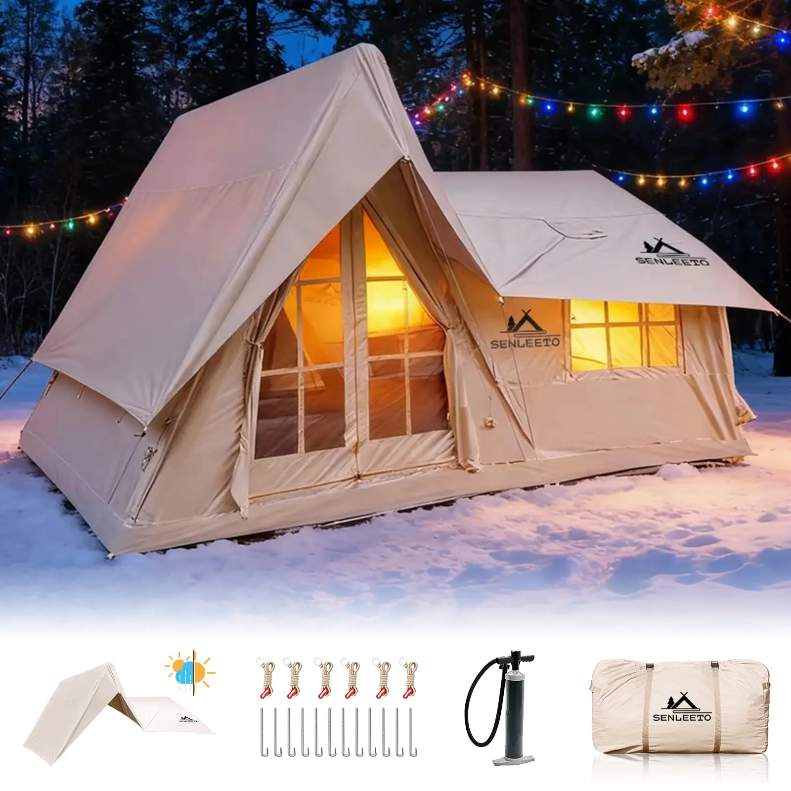 Mountain Tiny Cabin Inflatable Camping Tent - 8-10P, 129Sq Ft, 4-Season, Stove Jack, Mesh Vents, Pump, Easy Setup, Windproof, Easy Setup Tents, Inflatable Camping Tents