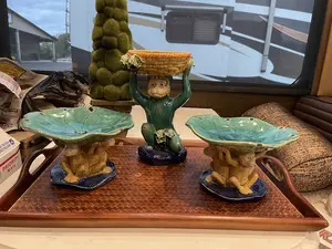 2 Majolica 3 Monkeys Holding Bowl Dish Centerpiece AND Majolica Monkey holding a basket