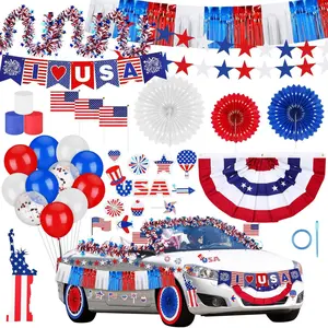250th Anniversary Parade Car Decorations Kit 4th of July Patriotic Golf Cart Decoration Red White Blue Tinsel Garlands American Flag Crepe Paper Streamers Balloons Banners(Bright)