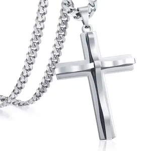 Silver Color Cross Pendant Necklace, 5mm 18-30inch Curb Chain, for Men Women Crucifix Charm Fashion Jewelry Christmas Gift