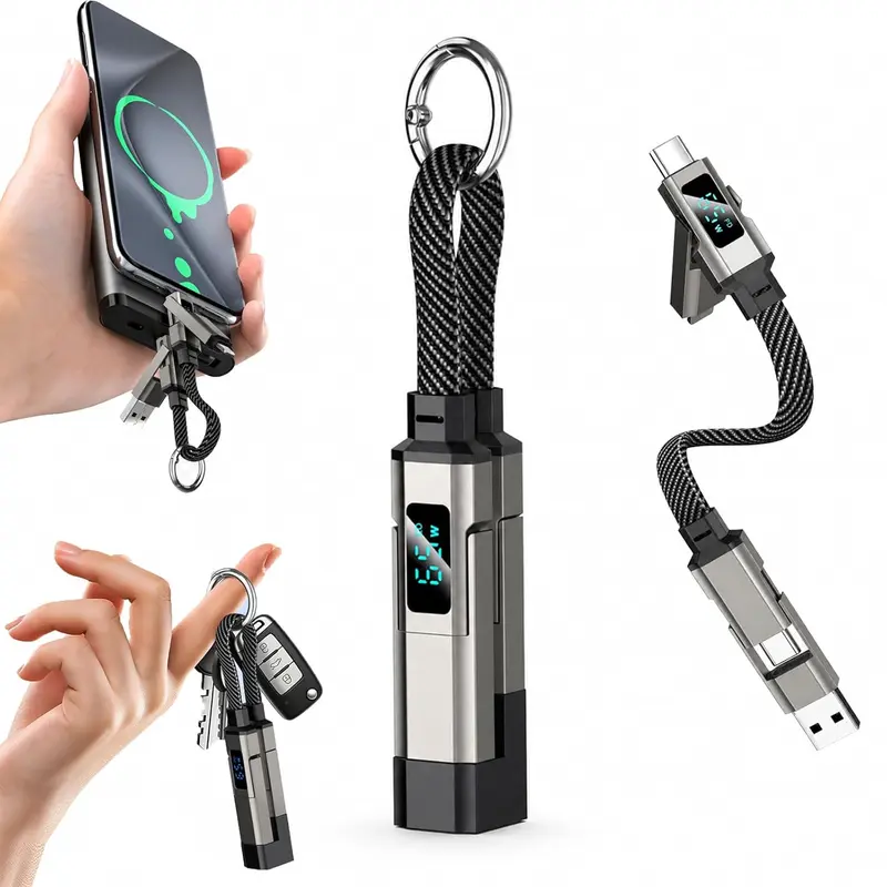 【New Product Flash Sale】Digital Alloy Durable 4-in-1 Keychain Charging Cable - 65W Fast-Charging Portable Mini LED Display Electronic Cable (A/C to USB-C/Lightning) for Smartphone, Cellphone, Laptop, Charger for iPhone, Supports High-Speed Data Transfer