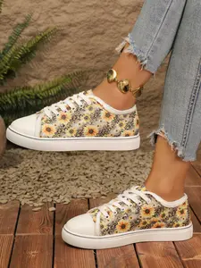 Vintage American Style Sunflower Leopard Print Pattern Canvas Shoes, Women's Low Top Lace-Up Breathable Sneaker Casual Trainer Shoes, Student Friendly Everyday Wear