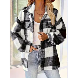 [Elegant Fleece Jacket] Winter Plush Fleece Women's Jacket | Yellow & White Checkered High Elasticity Coat, Machine Washable Middle Eastern-Inspired Elegance Collection for Fall
