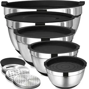 8-Piece Stainless Steel Mixing Bowl Set, Mixing Bowl with 3 Vegetable Slicers, Perfect for Baking, Serving, Storage, and Kitchen Organization