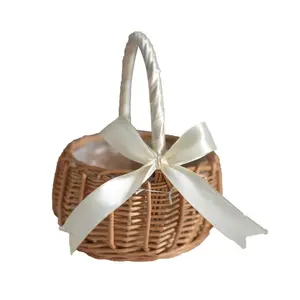 1pc DIY Rattan Woven Ribbon Bow Decorated Flower Basket, Versatile for Bedroom Garden Balcony Living Room