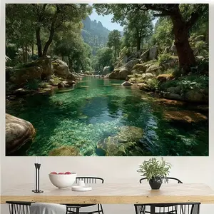 1pc Extra Large Realistic Turquoise Lake Forest Tapestry - Large Wall Mural with Lush Greenery, Mountain & Water Backdrop - Green Waters Nature Scene Wallpaper Replacement for Living Room, Bedroom, Office - Easy Peel &