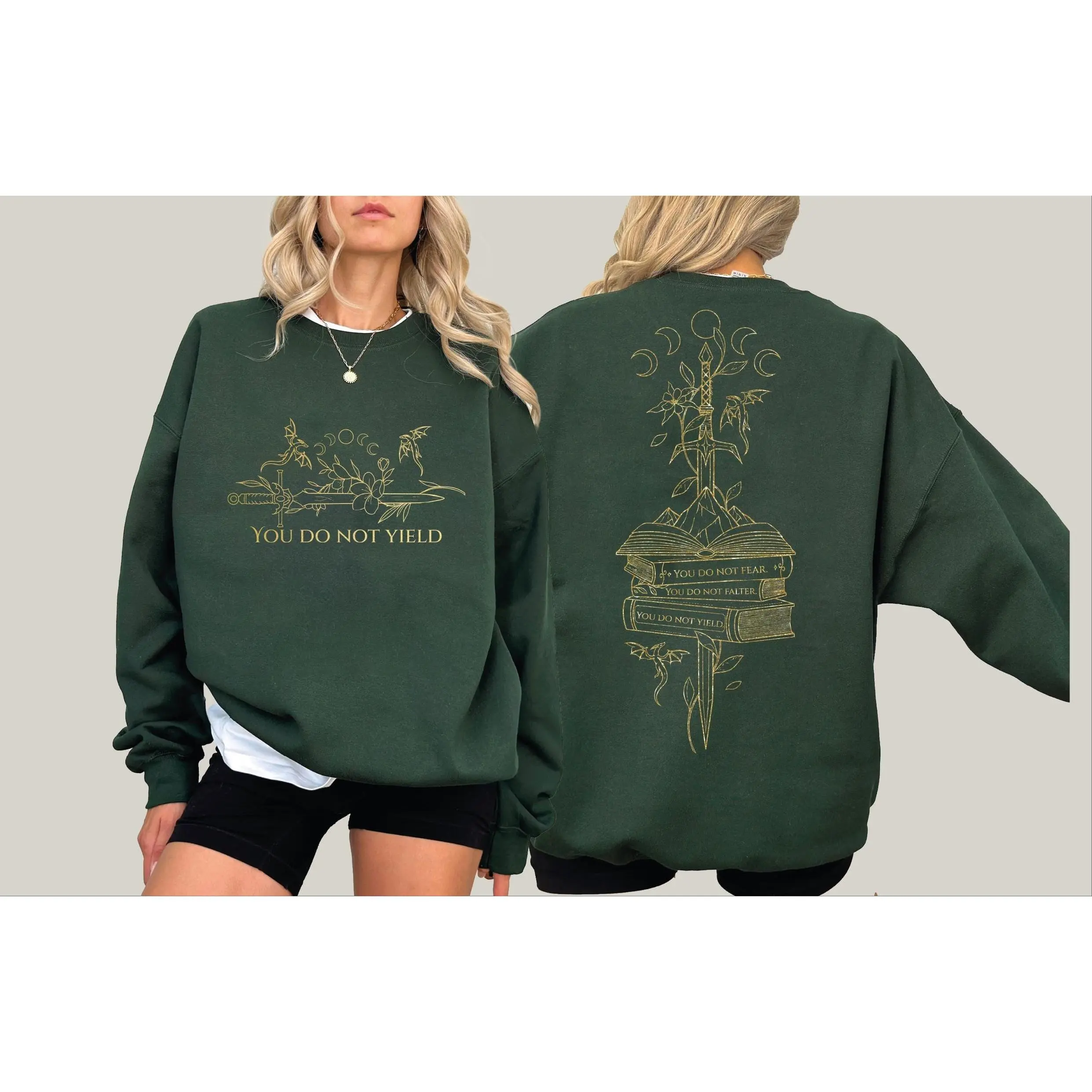You Do Not Yield 2 Sided Sweatshirt – Fantasy Sword Dragon Moon Design, Bookish Quote Crewneck, Throne Of Glass Sweatshirt, Kingdom Of Ash, A Court of Thorns and Roses Court of Dreams