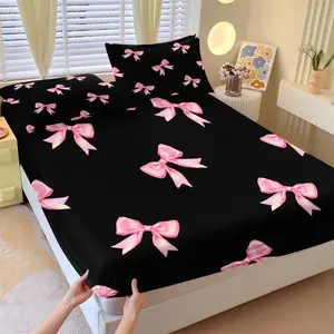 3Pcs Cute Pink Bow Print Fitted Sheet Set, Soft Microfiber Bedding Set Includes Pillowcases, No Fillers, Elegant Coquette Bed Sheet Set for Bedroom, Dorm, Girly Room Decor, All Season Comfortable & Cozy Home Essentials